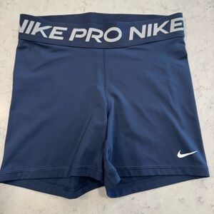 Nike Pro Dri-Fit Navy Spandex Biker Shorts White Logo 4.5" Inseam High Waist